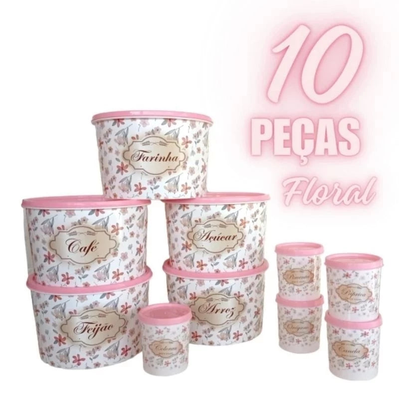 Jogo 10 peças mantimento HERMETICO decorado floral mantimentos potes