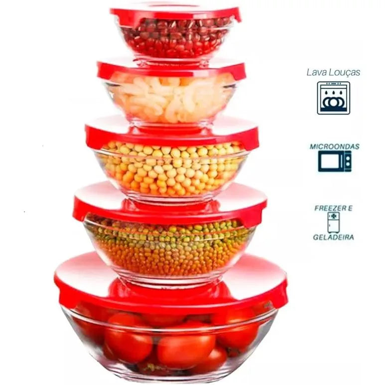 Kit 5 Tigelas de Vidro Redondas com Tampas Herméticas Potes para Cozinha e Armazenamento