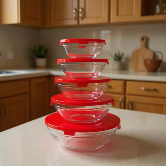 Kit 5 Tigelas de Vidro Redondas com Tampas Herméticas Potes para Cozinha e Armazenamento
