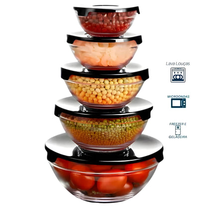 Kit 5 Tigelas de Vidro Redondas com Tampas Herméticas Potes para Cozinha e Armazenamento