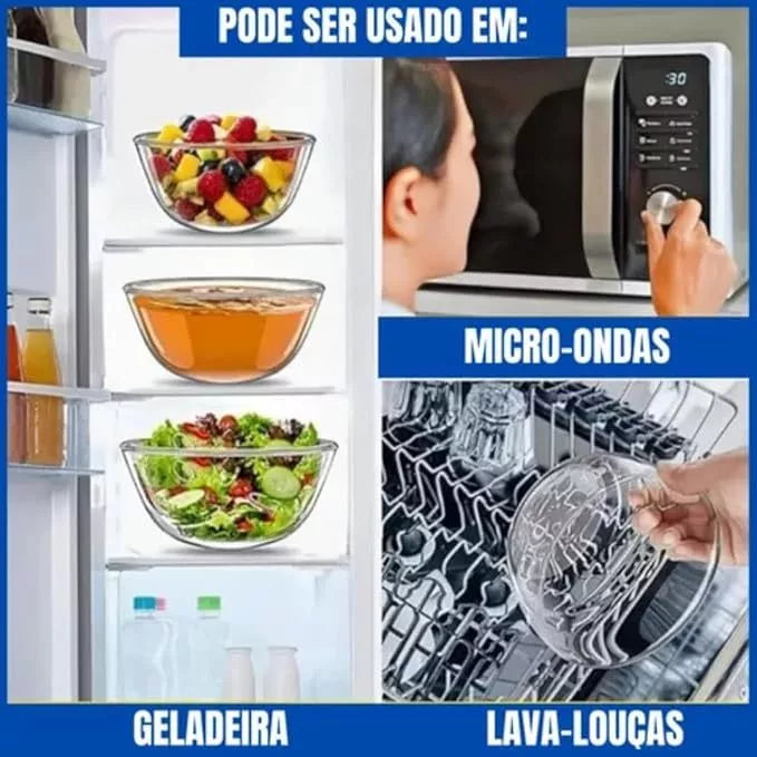 Kit 5 Tigelas de Vidro Redondas com Tampas Herméticas Potes para Cozinha e Armazenamento