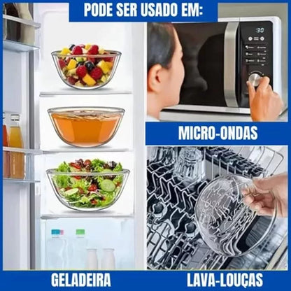 Kit 5 Tigelas de Vidro Redondas com Tampas Herméticas Potes para Cozinha e Armazenamento