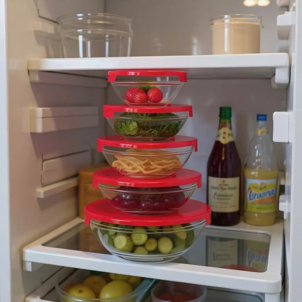 Kit 5 Tigelas de Vidro Redondas com Tampas Herméticas Potes para Cozinha e Armazenamento