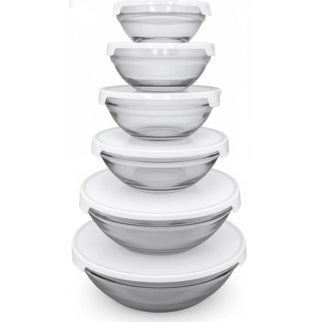 Kit 5 Tigelas de Vidro Redondas com Tampas Herméticas Potes para Cozinha e Armazenamento